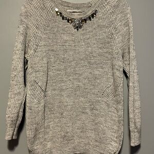 LOFT Light Gray Knit Sweater with Jeweled Neck